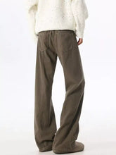 Men wide leg olive green denim pants with relaxed fit and two back pockets shown from the back side