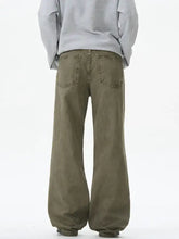 Men’s olive green wide-leg denim pants showcasing the front side with relaxed fit and durable material