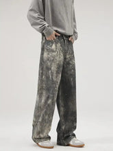 Mens wide-leg denim pants with distressed gray and black tie-dye pattern for casual wear