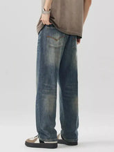 Men’s wide leg jeans in washed blue denim with a relaxed straight-leg cut and subtle fading for a vintage look