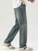 Men’s washed blue denim wide leg jeans with straight-leg cut and subtle fading for casual wear