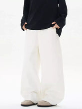 Men’s wide leg jeans in white with a relaxed flowing silhouette and soft fabric texture featuring a wide-leg cut