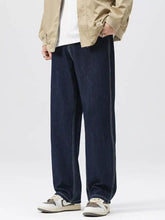 Dark blue denim men’s wide leg jeans with light stitching and relaxed straight-leg cut and pockets