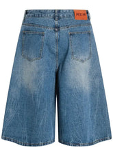 Mens wide leg relaxed fit denim shorts in light blue distressed finish