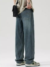 Men’s dark-wash denim wide leg relaxed fit jeans with subtle thigh fading and a straight-leg cut