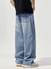 Men’s light-wash denim wide-leg relaxed fit jeans shown from the back with classic back pockets