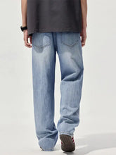 Men’s wide-leg relaxed fit jeans in light-wash denim with a straight-leg cut and classic back pockets shown from the back