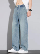 Men’s light-wash denim wide-leg relaxed fit jeans with elastic waistband for comfortable casual wear