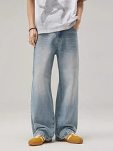 Men’s light-wash denim wide leg jeans with relaxed fit and subtle distressed details in wide leg wash style