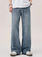 Men’s light-wash denim wide leg jeans with a relaxed fit showcasing the wide leg wash style