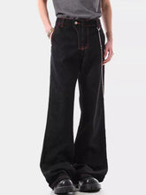 Men’s wide leg wash jeans in black denim with red stitching and side chain detail wide leg leg wash jeans