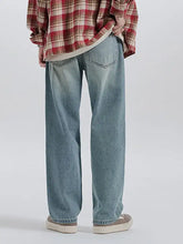 Men’s wide leg washed jeans in light-wash denim with relaxed straight-leg cut and classic back pockets shown from the back
