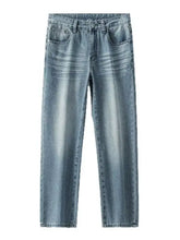 Men’s light-wash denim wide leg jeans with straight-leg cut and subtle fading for a casual worn-in look