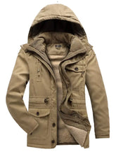 Men’s beige winter hooded zip up jacket with corduroy collar, fleece lining, and full sleeve length outer shell