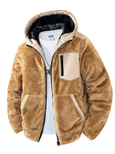 Men’s tan fleece hooded jacket with faux fur hood, beige panels, and black zipper accents zip up fleece hooded jacket
