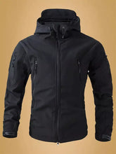 Men’s black tactical zip up long sleeve hooded jacket with multiple zippered pockets and reinforced seams machine wash tumble dry