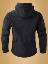 Men’s zip up long sleeve hooded jacket in black tactical style with zippered pockets reinforced sleeves machine wash tumble dry