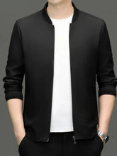 Men’s long sleeve black bomber jacket with sleek modern design and ribbed collar for casual wear