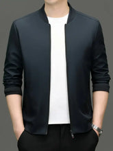 Men’s black bomber long sleeve zip up jacket with sleek modern design and subtle sheen for versatile wear