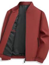 Men’s zip up long sleeve jacket in rust red with black satin lining and matching zippers, sleek sleeve jacket design