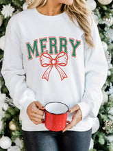 White merry bow christmas graphic sweatshirt with red bow design soft cotton material and cozy crew neck machine wash safe