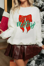 White sweater with a red bow and green merry bow graphic embroidery designed as a machine wash christmas sweatshirt