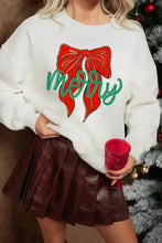 White christmas-themed sweatshirt with merry bow graphic featuring large red bow and green lettering, machine wash safe