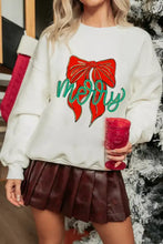 White christmas-themed sweatshirt featuring a red bow graphic and green merry lettering machine wash safe
