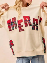 Cream-colored oversized MERRY Bow Slit Crew Neck Christmas Sweatshirt with stretchy material and red plaid letters
