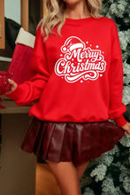 Red merry christmas graphic drop shoulder sweatshirt with white cursive lettering and santa hat design machine wash safe