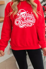 Red merry christmas drop shoulder sweatshirt with white cursive lettering and santa hat graphic, machine wash safe