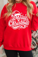 Red merry christmas drop shoulder sweatshirt with white cursive lettering and santa hat design machine wash safe
