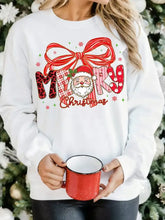 White merry christmas graphic long sleeve sweatshirt with santa face red bow festive patterns machine wash cold