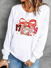 White long-sleeved christmas-themed sweatshirt with merry patterned letters santa face and red bow machine wash cold
