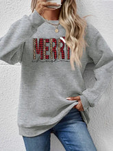 Gray Merry Christmas round neck long sleeve sweatshirt in plaid leopard print