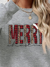 Gray Merry Christmas round neck long sleeve sweatshirt with plaid leopard letters