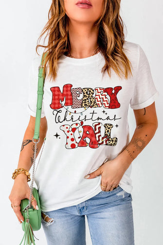 Merry Christmas Yall White Graphic Tee for Women White