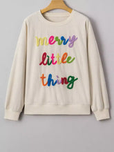 Cream-colored ribbed knit sweatshirt with colorful merry little thing embroidery machine wash cold recommended