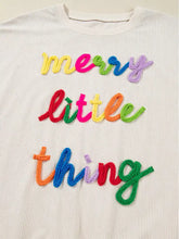 White ribbed cotton merry little thing corded letter graphic sweatshirt embroidered in rainbow yarn machine wash cold