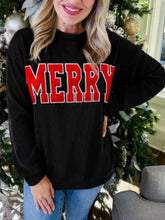 Black corduroy merry round neck christmas sweatshirt with bold red lettering machine wash friendly