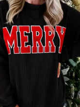 Black corduroy merry round neck christmas sweatshirt with bold red lettering, machine wash friendly round neck christmas design