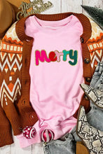 Pink merry round neck long sleeve sweatshirt with colorful onesie lettering