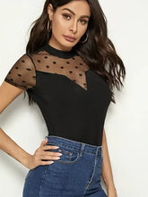 Mesh Polka Dot Mock Neck Sheer Top for Women Woman T Shirts