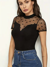 Mesh Polka Dot Mock Neck Sheer Top for Women Woman T Shirts