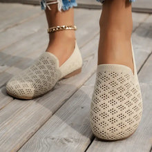 Beige perforated mesh round toe flat loafers with gold chain anklet