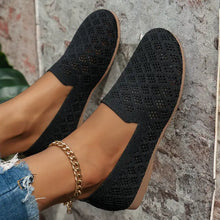Black mesh round toe flat loafers with diamond pattern and chain anklet