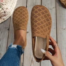 Brown mesh round toe flat loafers with geometric pattern and gold accents