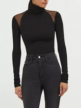 Black long-sleeved mesh shoulder turtleneck bodysuit with sheer panels at the shoulders for stylish layering