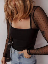 Black mesh sleeve square neck bodysuit with long sleeves and subtle dot pattern in sheer fabric