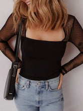 Black sheer polka-dot mesh sleeve square neck bodysuit with solid black bodice and long sleeves